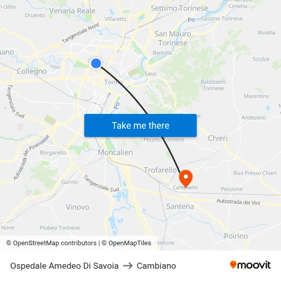 Amedeo Di Savoia Hospital to Cambiano map