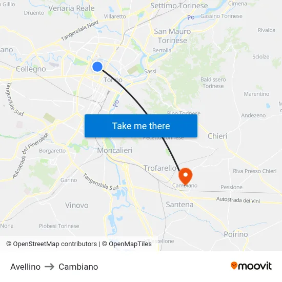 Avellino to Cambiano map
