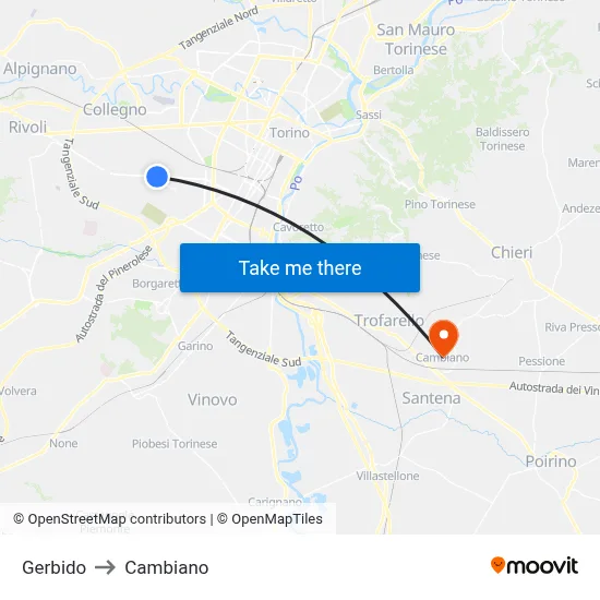 Gerbido to Cambiano map