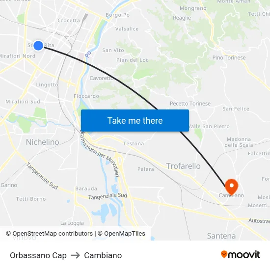 Orbassano Terminal to Cambiano map