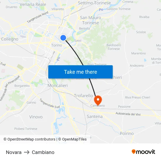 Novara to Cambiano map