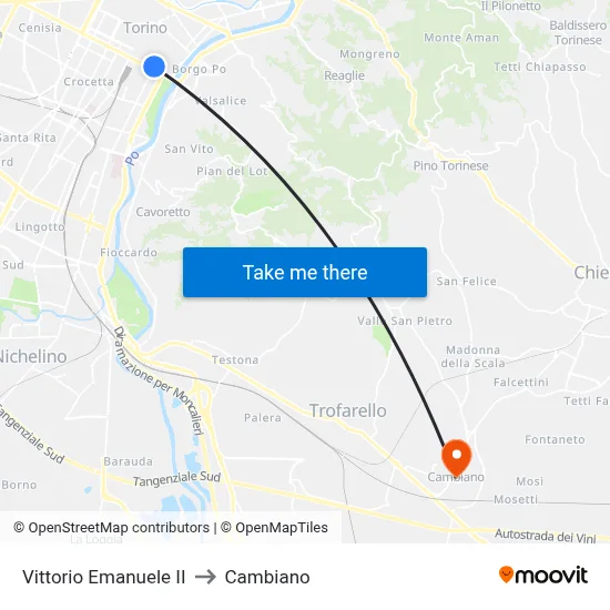 Vittorio Emanuele II to Cambiano map