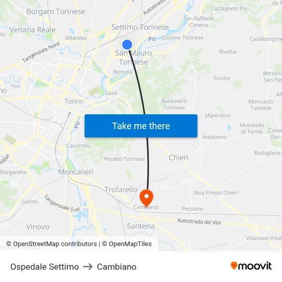 Settimo Hospital to Cambiano map