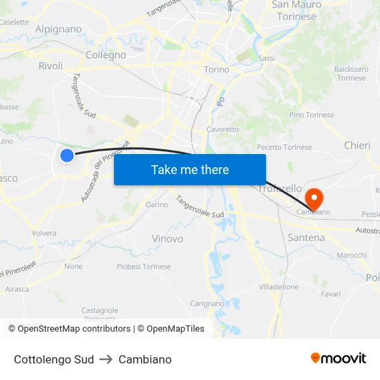 Cottolengo South to Cambiano map