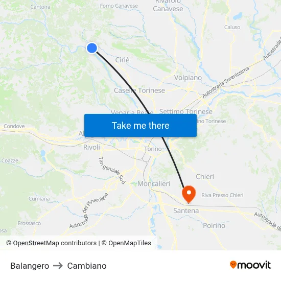 Balangero to Cambiano map