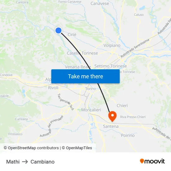 Mathi to Cambiano map