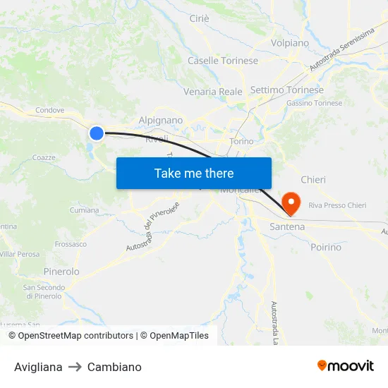Avigliana to Cambiano map