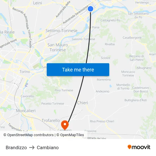 Brandizzo to Cambiano map