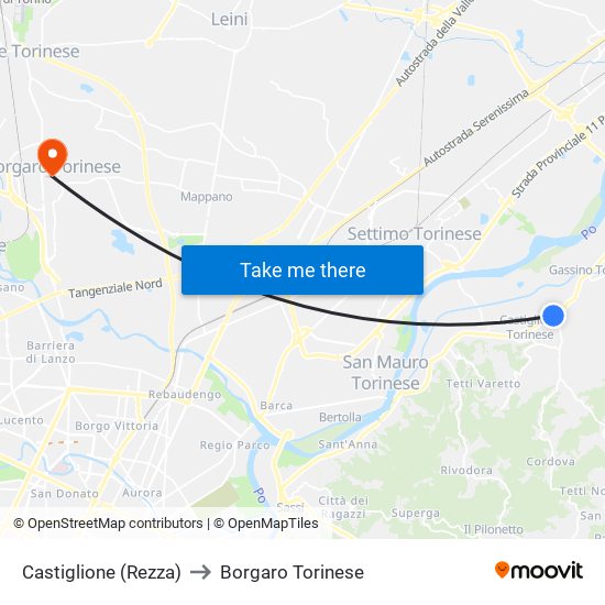 Castiglione (Rezza) to Borgaro Torinese map