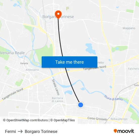 Fermi to Borgaro Torinese map