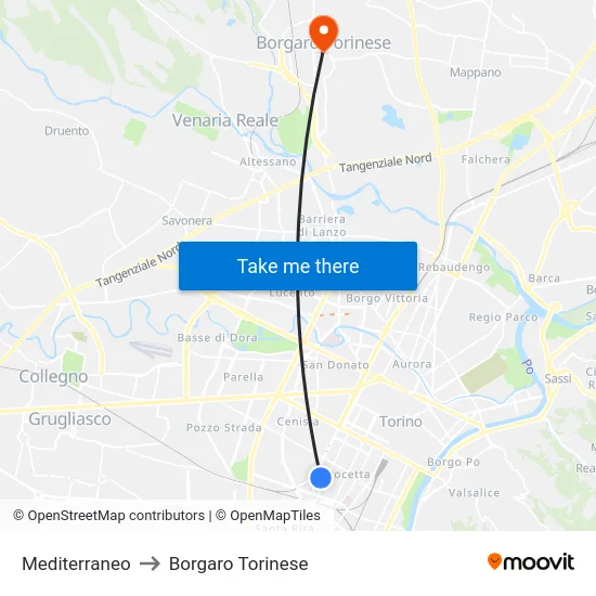 Mediterraneo to Borgaro Torinese map