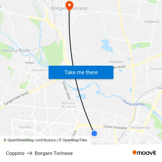 Coppino to Borgaro Torinese map