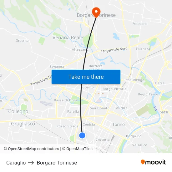 Caraglio to Borgaro Torinese map