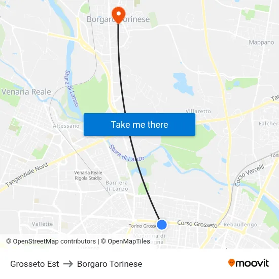 Grosseto East to Borgaro Torinese map