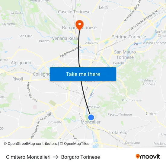 Cimitero Moncalieri to Borgaro Torinese map