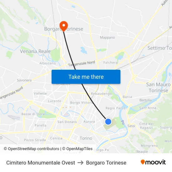 Monumental Cemetery West to Borgaro Torinese map
