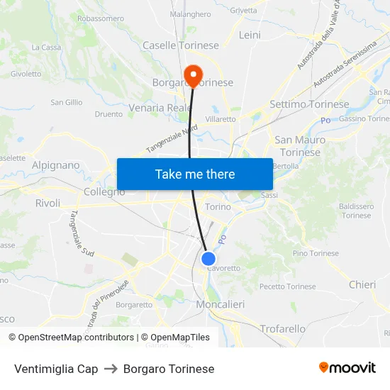 Ventimiglia Terminal to Borgaro Torinese map
