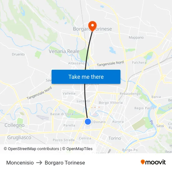 Moncenisio to Borgaro Torinese map