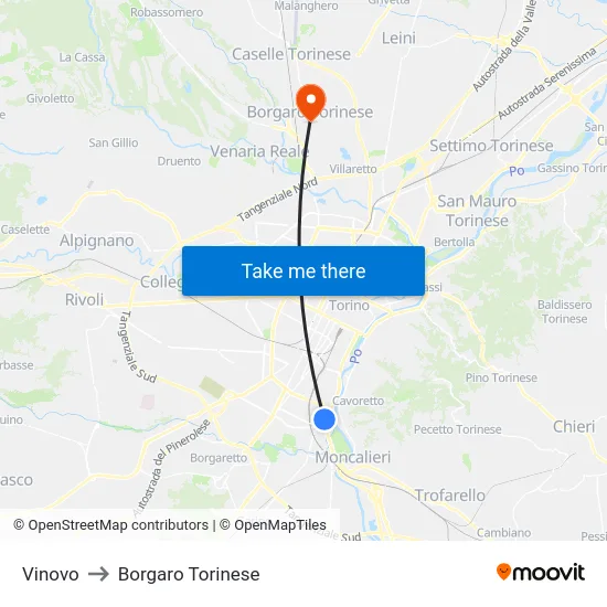 Vinovo to Borgaro Torinese map