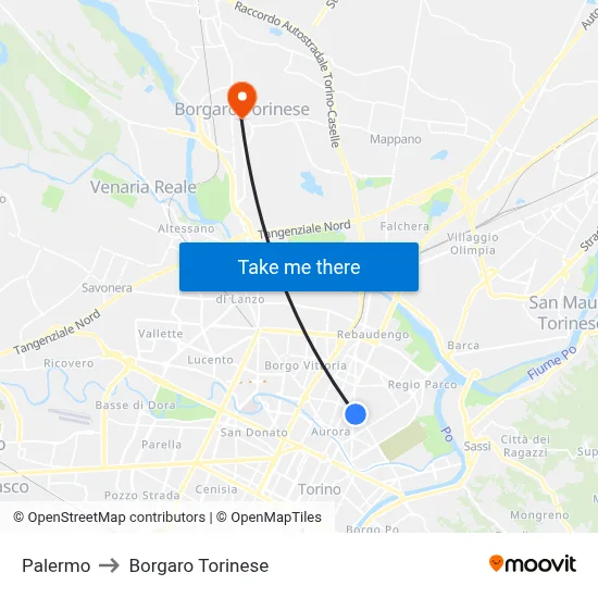 Palermo to Borgaro Torinese map