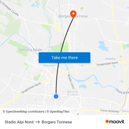 Alps Stadium North to Borgaro Torinese map