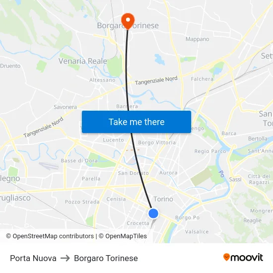 Porta Nuova to Borgaro Torinese map