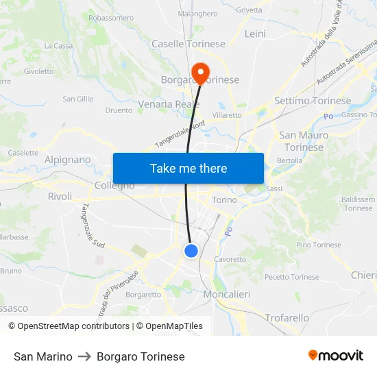 San Marino to Borgaro Torinese map