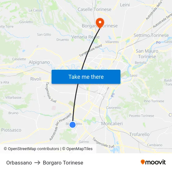 Orbassano to Borgaro Torinese map