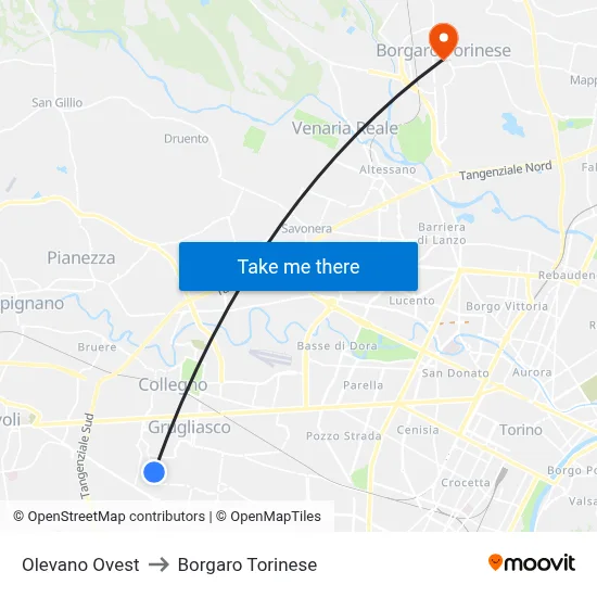 Olevano West to Borgaro Torinese map