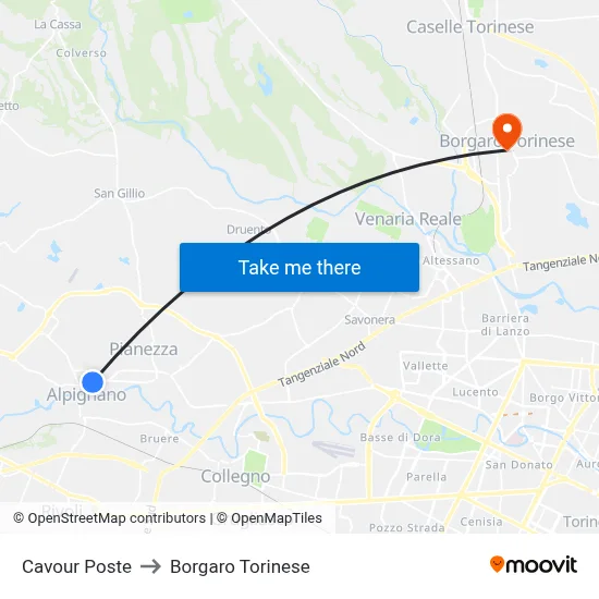 Cavour Post Office to Borgaro Torinese map