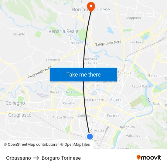 Orbassano to Borgaro Torinese map