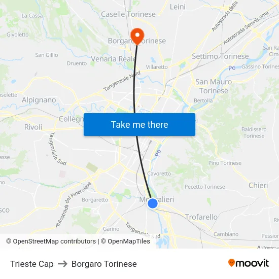 Trieste Terminal to Borgaro Torinese map