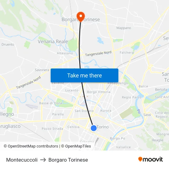 Montecuccoli to Borgaro Torinese map