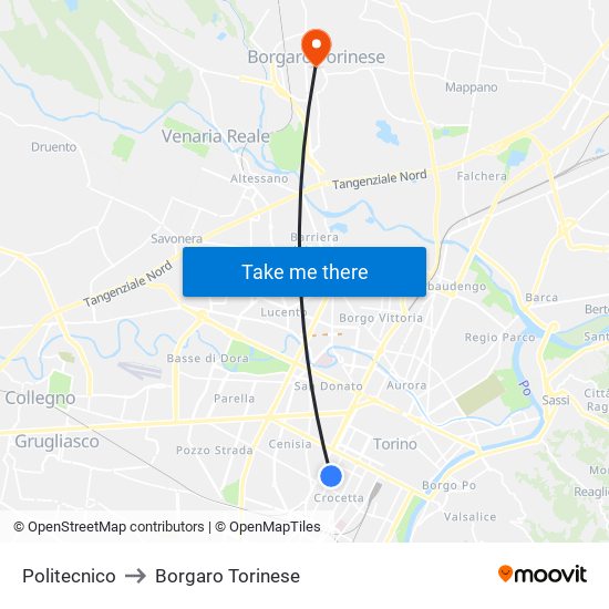 Politecnico to Borgaro Torinese map