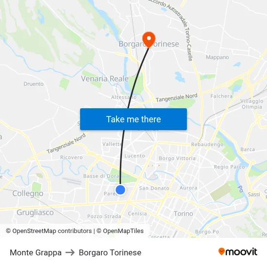 Mount Grappa to Borgaro Torinese map
