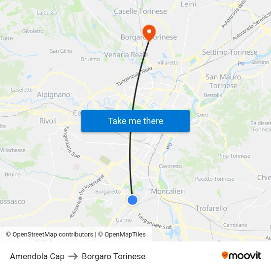 Amendola Terminal to Borgaro Torinese map
