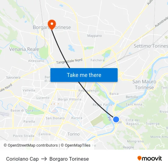 Coriolano Terminal to Borgaro Torinese map