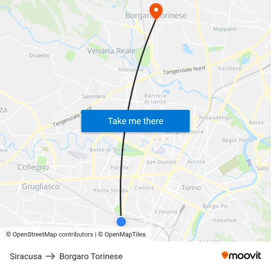 Siracusa to Borgaro Torinese map