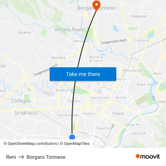 Reni to Borgaro Torinese map