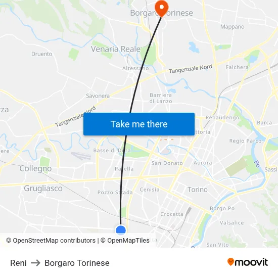 Reni to Borgaro Torinese map