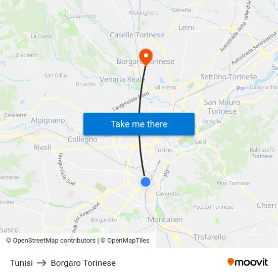 Tunisi to Borgaro Torinese map