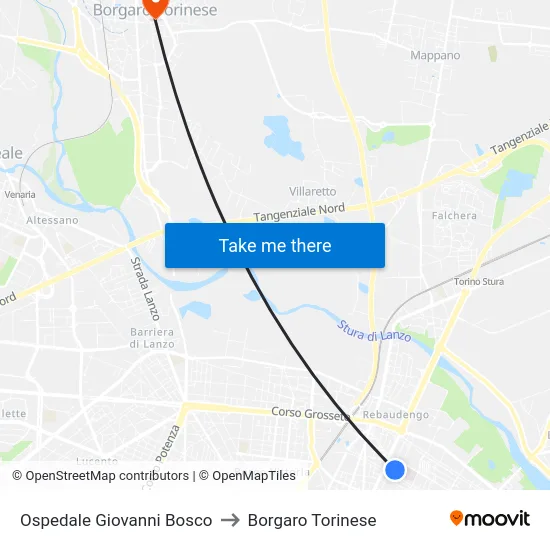 Giovanni Bosco Hospital to Borgaro Torinese map