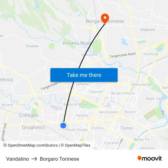 Vandalino to Borgaro Torinese map