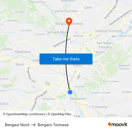 Bengasi North to Borgaro Torinese map
