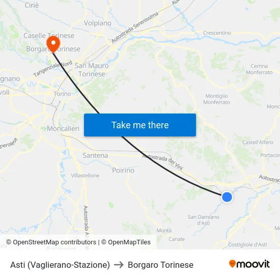 Asti (Vaglierano-Station) to Borgaro Torinese map
