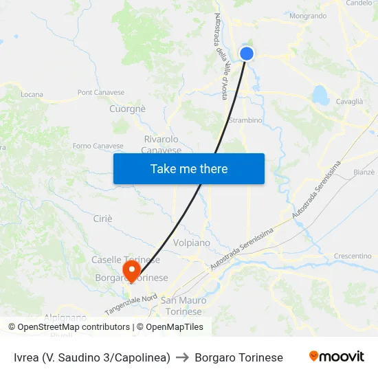 Ivrea (V. Saudino 3/Terminal) to Borgaro Torinese map