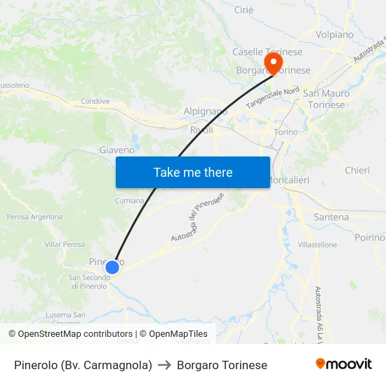 Pinerolo (Junction Carmagnola) to Borgaro Torinese map