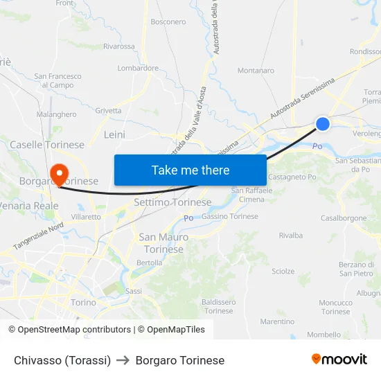 Chivasso (Torassi) to Borgaro Torinese map