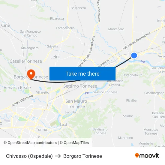 Chivasso (Ospedale) to Borgaro Torinese map