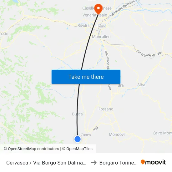 Cervasca / Borgo San Dalmazzo Street to Borgaro Torinese map
